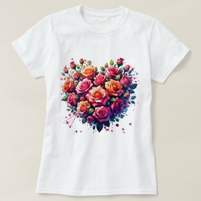Heart-Shaped Rose Bouquet Illustration T-Shirt (Design Front)