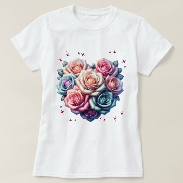Heart-Shaped Rose Bouquet Illustration T-Shirt (Design Front)