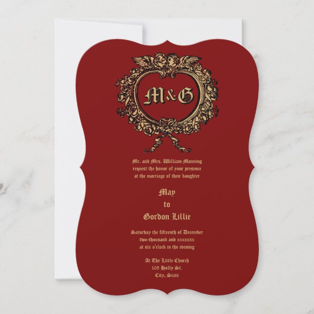 Heart Shaped Rose Cartouche & Cherub Couple Invitation (Front)
