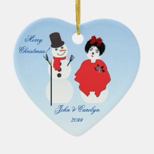 Heart Shaped Snowman Couple Christmas Ceramic Tree Decoration