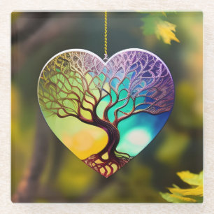 Heart shaped Tree Of Life Ornament Glass Coaster
