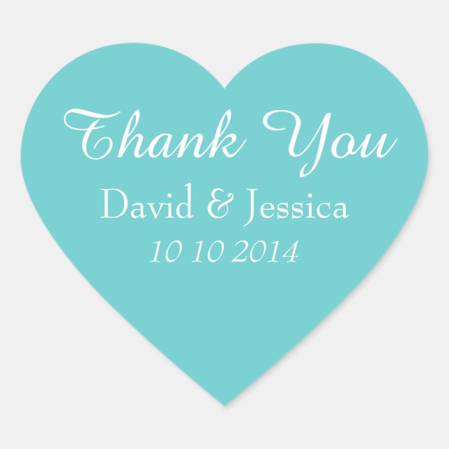 Heart shaped turquoise wedding thank you stickers (Front)