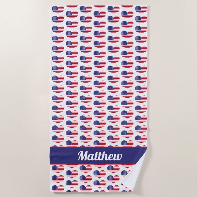 Heart Shaped US Flag / Personalised Beach Towel (Front)