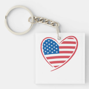 Heart Shaped USA Flag Design, Patriotic American Key Ring