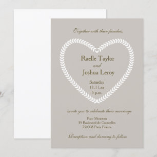 Heart shaped White Grey Taupe wedding invitation