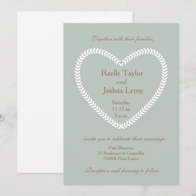 Heart shaped White Sage Gold wedding invitation (Front/Back)