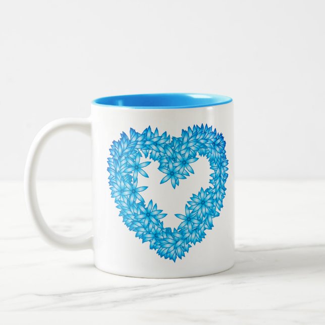 Heart Shaped Wreath of Flowers, Pastel Blue Two-Tone Coffee Mug (Left)