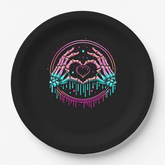 Heart Sign Skeleton Hand - Spooky Skeleton Hallowe Paper Plate (Front)