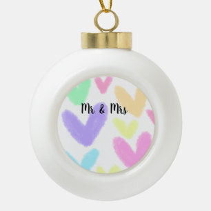 Heart simple minimal text style wedding Mr & mrs c Ceramic Ball Christmas Ornament