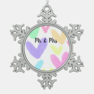 Heart simple minimal text style wedding Mr & mrs c Snowflake Pewter Christmas Ornament