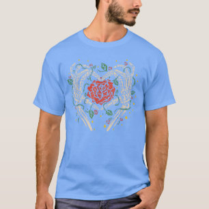Heart Skeleton Hand Floral Skeleton Red Rose Skull T-Shirt