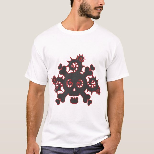 Heart, skull, vine and thorn design black and red T-Shirt (Front)
