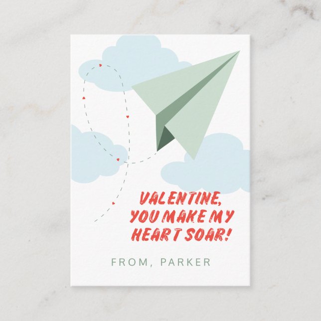 Heart Soar Paper Aeroplane Classroom Valentine Car Enclosure Card (Front)