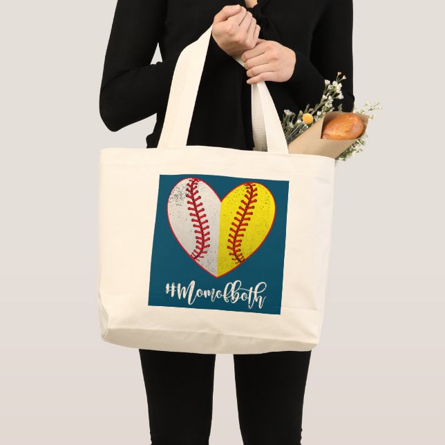 Heart Softball Baseball Mum Of Both Mother's Day Large Tote Bag (Front (Product))