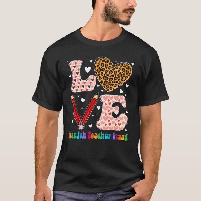 Heart Spanish Teacher Squad Leopard Plaid Red Vale T-Shirt (Front)