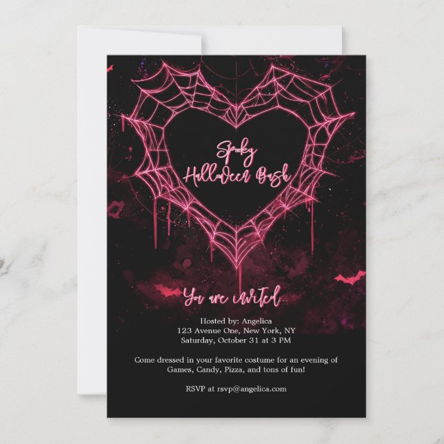 Heart Spider Web Pink Gothic Girls Halloween Party Invitation (Front)