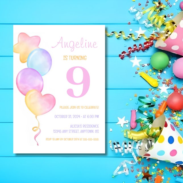 Heart Star Colourful Balloon Kids Birthday Invitation (Creator Uploaded)