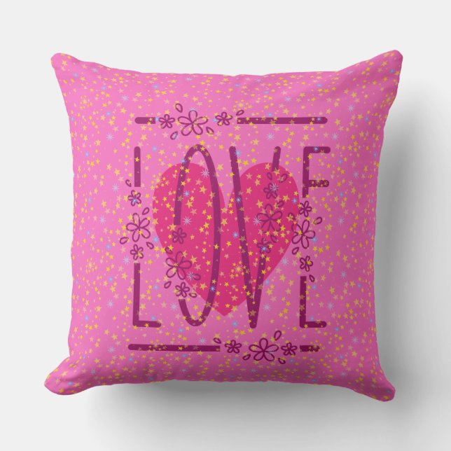 Heart & Stars Floral Love Text Cute Pink & Girly Cushion (Front)