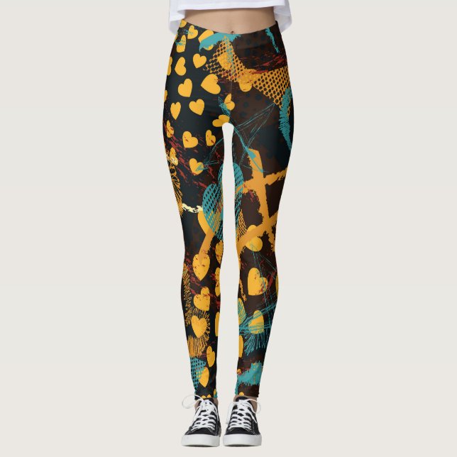 Heart Stars Geometry: Fun Vintage Pattern Leggings (Front)
