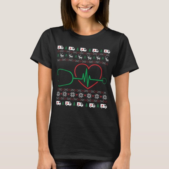 Heart Stethoscope Christmas Ugly X-Mas Pj Nurse T-Shirt (Front)