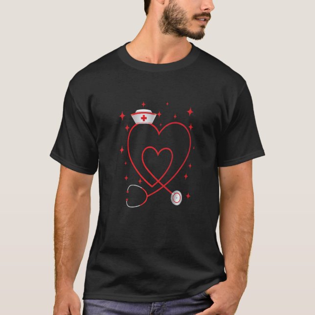 Heart Stethoscope Cute Love Nursing Valentines Day T-Shirt (Front)