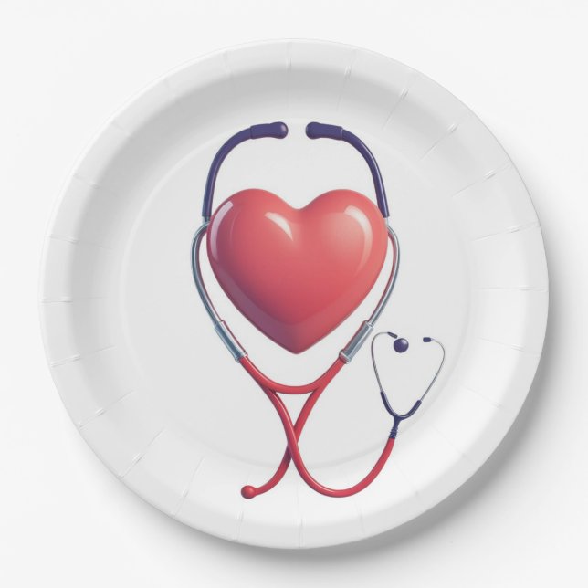 Heart & Stethoscope Paper Plate | Medical Party Su (Front)