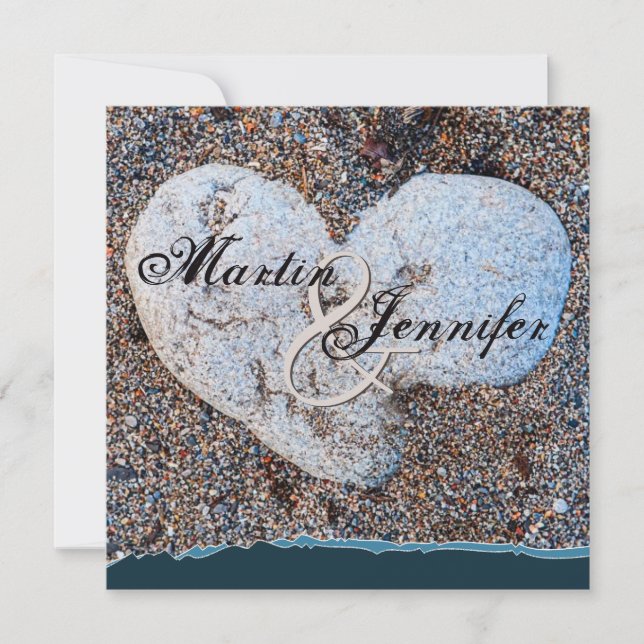 Heart Stone in Sand Blue Turquoise Beach Wedding Invitation (Front)