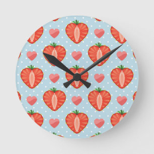 Heart Strawberries with Polka Dots And Hearts Round Clock