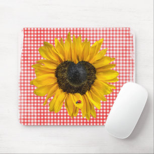 Heart Sunflower and Ladybug on Gingham Mouse Mat