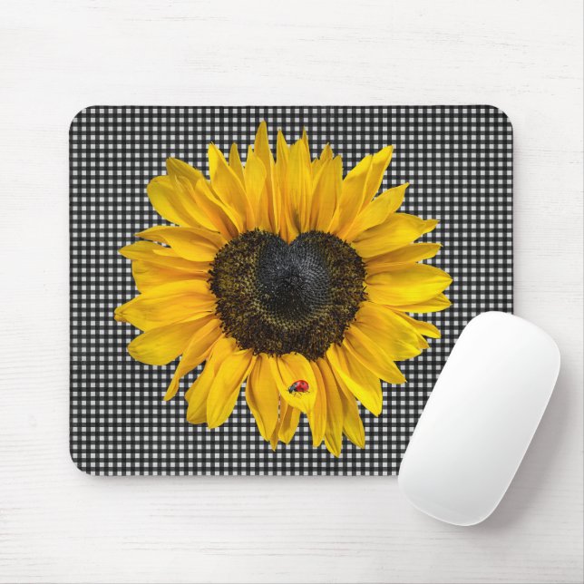 Heart Sunflower and Ladybug on Gingham Mouse Mat (With Mouse)