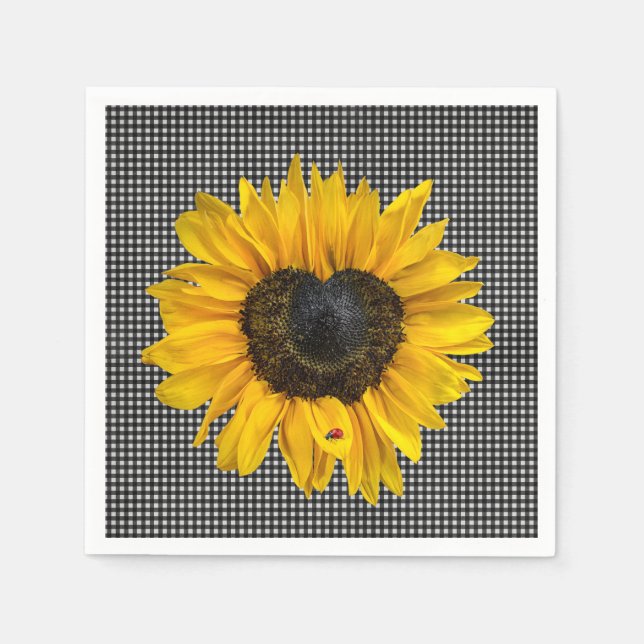 Heart Sunflower and Ladybug on Gingham  Napkin (Front)