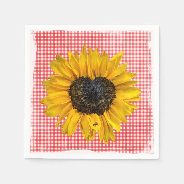 Heart Sunflower and Ladybug on Gingham Napkin (Front)
