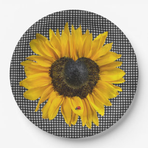 Heart Sunflower and Ladybug on Gingham Paper Plate