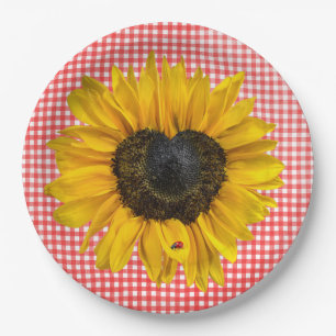 Heart Sunflower and Ladybug on Gingham  Paper Plate