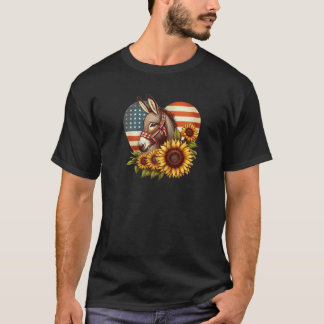 Heart Sunflower Donkey USA Flag Firework 4th Of Ju T-Shirt