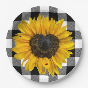 Heart Sunflower Ladybug on Buffalo Plaid Paper Plate
