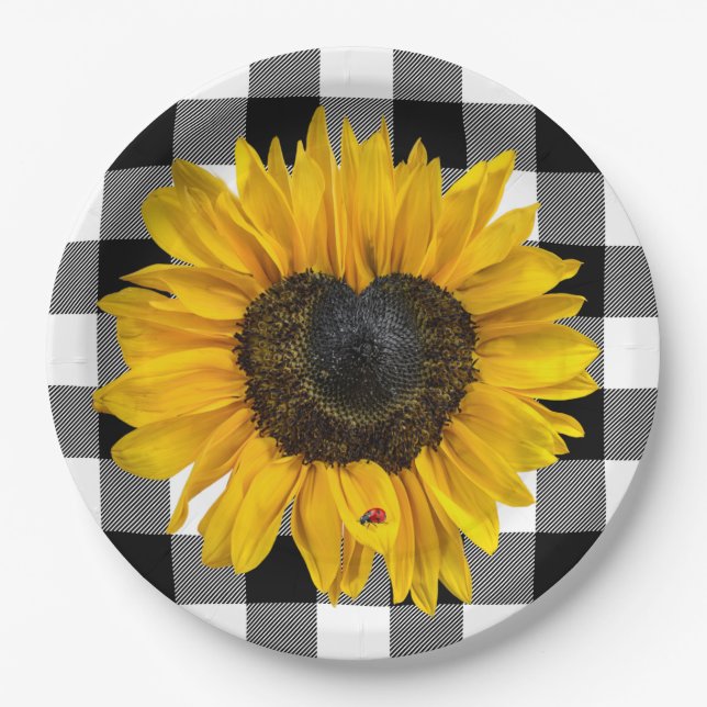 Heart Sunflower Ladybug on Buffalo Plaid Paper Plate (Front)