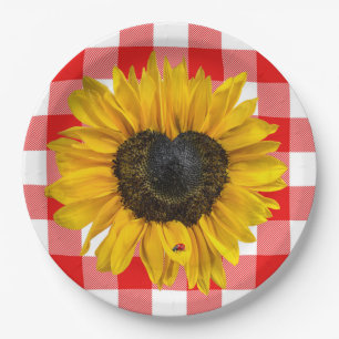 Heart Sunflower Ladybug on Buffalo Plaid  Paper Plate