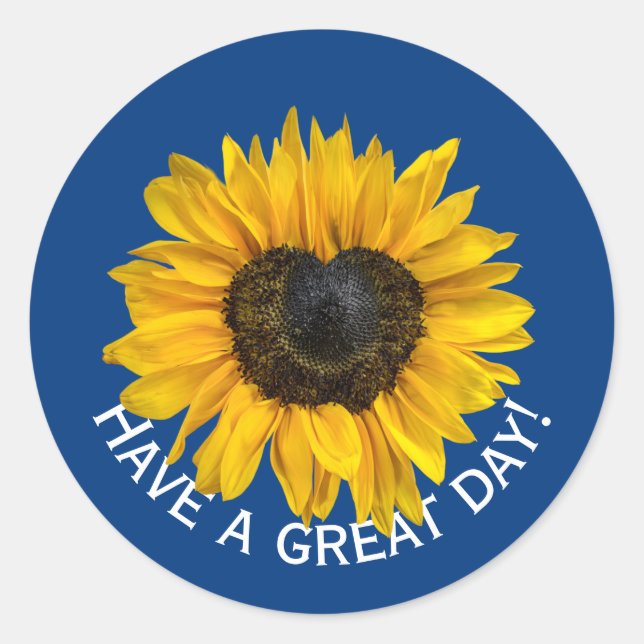 Heart Sunflower On Blue Classic Round Sticker (Front)