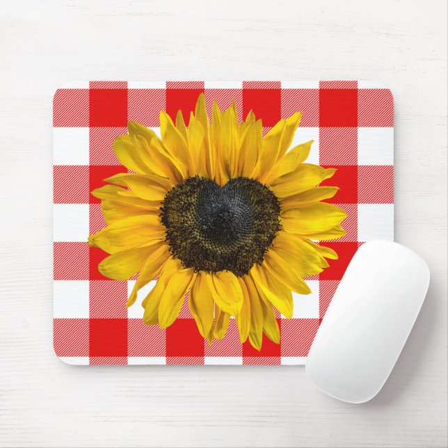 Heart Sunflower on Buffalo Plaid Mouse Mat (With Mouse)