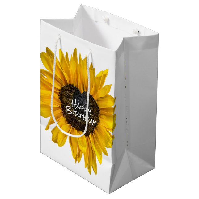 Heart Sunflower On White Birthday Medium Gift Bag (Front Angled)