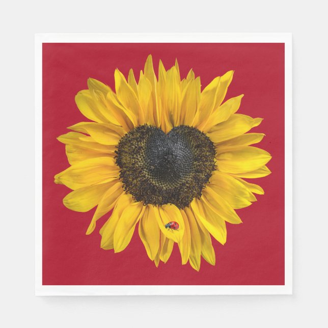 Heart Sunflower with Ladybug On Red Napkin (Front)