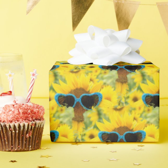 Heart Sunglasses on Sunflower  Wrapping Paper (Birthday Party)