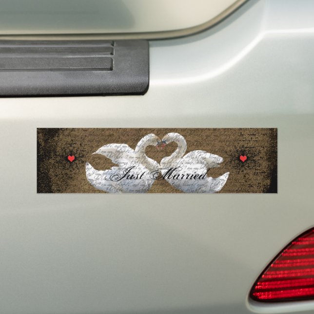 Heart Swans Love Birds Just Married Bumper Sticker (On Car)