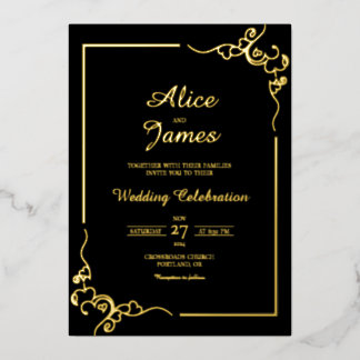 Heart Swirl Frame Elegant Black Gold Foil Wedding