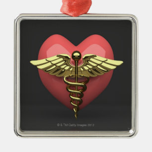 Heart symbol with medical symbol (caduceus) metal tree decoration