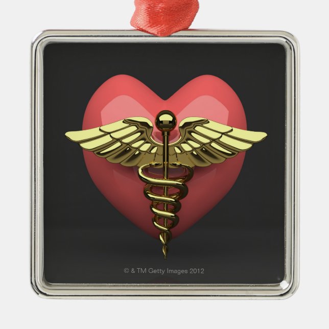 Heart symbol with medical symbol (caduceus) metal tree decoration (Front)