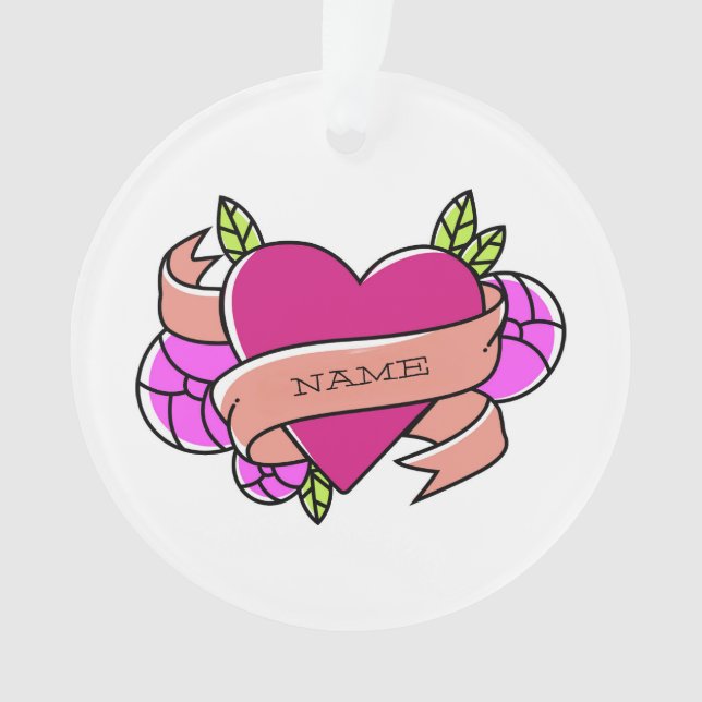 Heart Tattoo NAME Polka Dots Flowers Fun Ornament (Front)