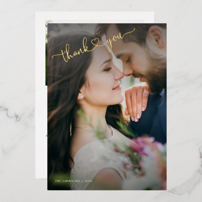 Heart Thank You Gold Calligraphy 2 Photo Foil Holiday Card (Front/Back)