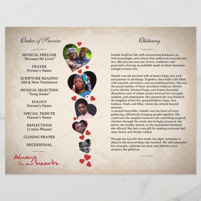 Heart themed beige grunge funeral program flyer (Back)